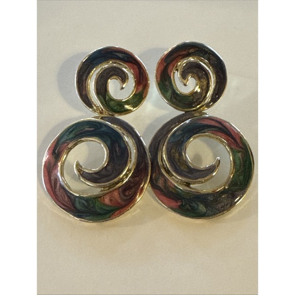 The Unbranded Brand Jewelry - Vintage 80s Enamel Swirl Statement Earrings Gold Tone Dangle Pierced Bold‎